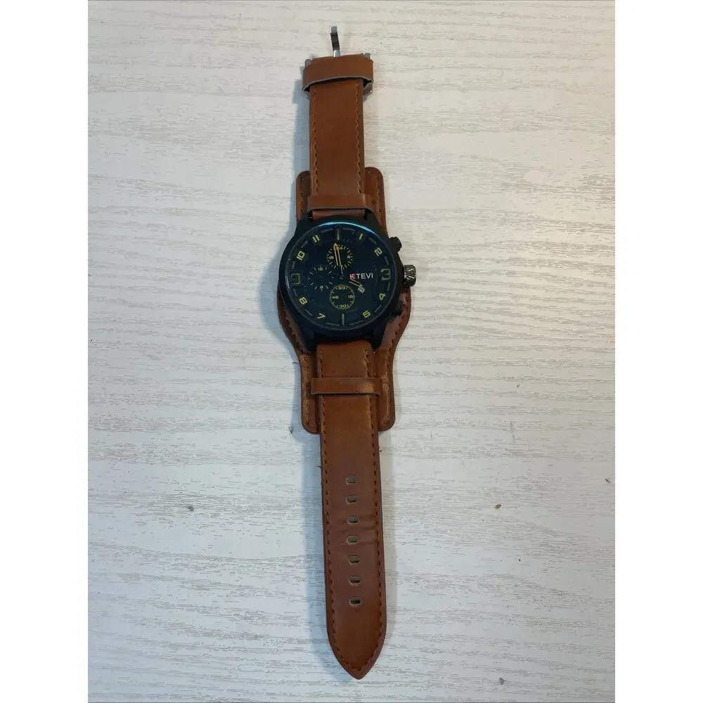 Military Style Men Sport Quartz Watch PU Leather Strap Alloy Brown Fashion